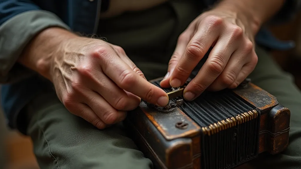 A craftsman repairing an antique accordion
