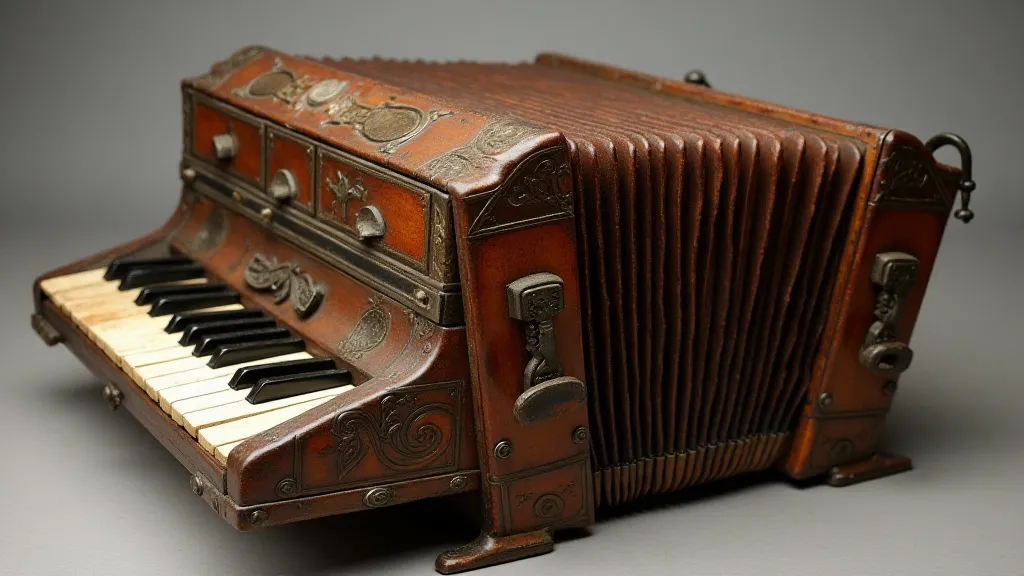 Antique accordion revealing its internal mechanisms
