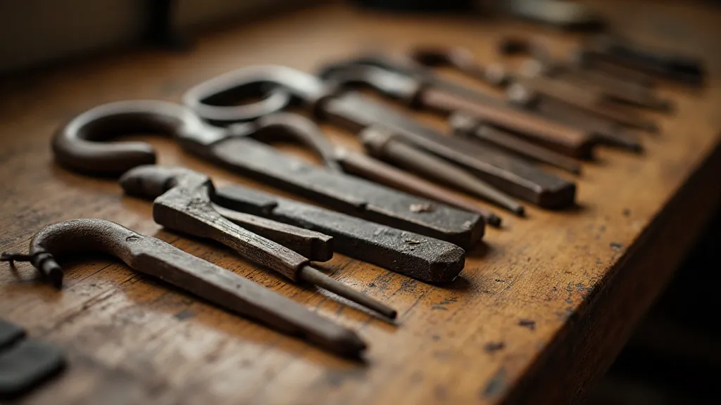 Antique lock picks on a workbench