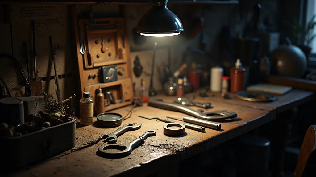 Antique lock picking tools on a workbench