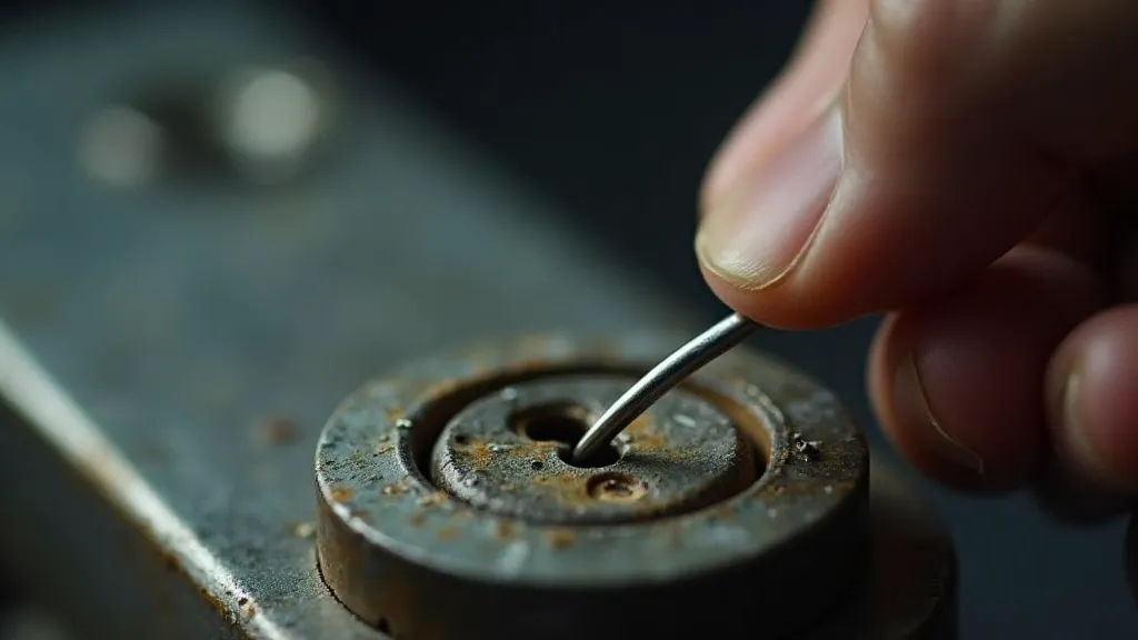 Lock pick inserted into a lock cylinder.