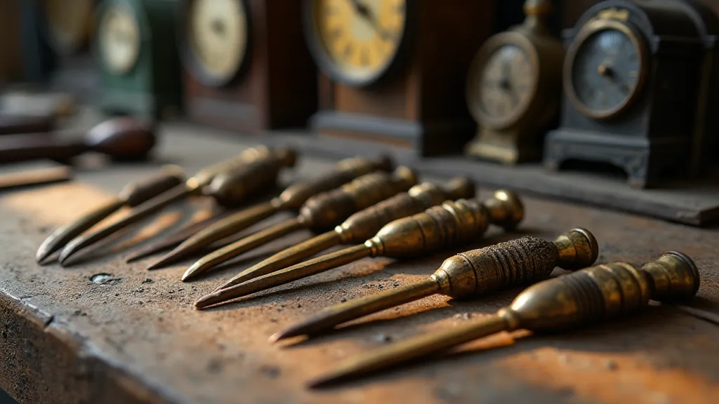 Antique lock pick tools on a workbench.