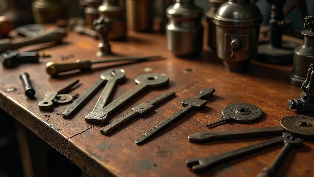 Antique locksmithing tools on a workbench